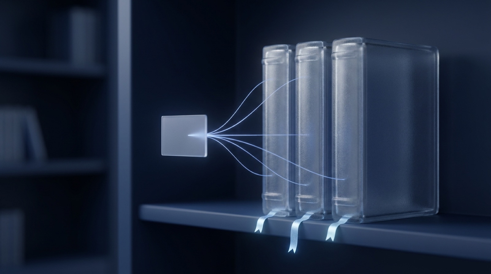 Frosted glass volumes with threads of light linking to a floating card