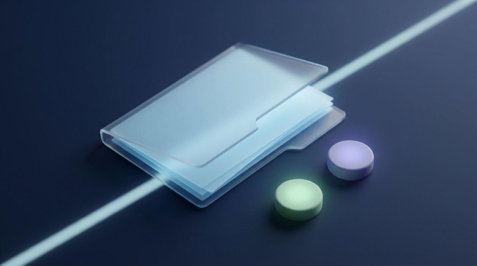 A frosted glass dossier folder beside two glowing decision tokens