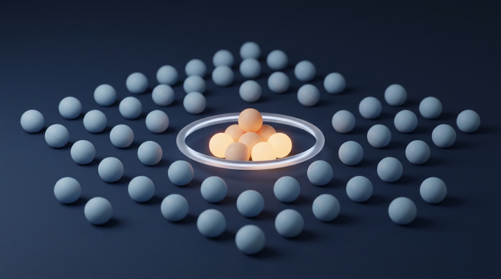 An amber cluster of spheres ringed by light among calm blue spheres